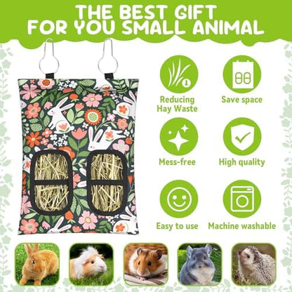 3 Pcs Rabbit Hay Feeder, 2-Hole Hanging Guinea Pig Hay Bags Washable Bunny Hay Bag for Rabbits, Chinchillas, Hamsters, Small Pets and Animals (11.8"×8.7")