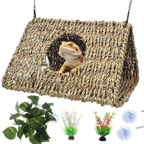 Hanging Reptile Hide Cave,Natural Seagrass Fiber Bearded Dragon Hammock Hideout,Reptile Shelter Sleeping Cave Swing Climbing Toys Terrarium Decor for Lizard Gecko Hermit Crabs(Triangle L)