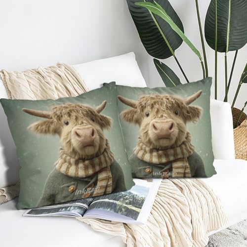 InkRain Winter Animal Cute Highland Cow Pillow Cover 20x20 Inch Set of 2 Home Decor Decorative Cotton Linen Illustration Pillowcases for Living Room House Sofa