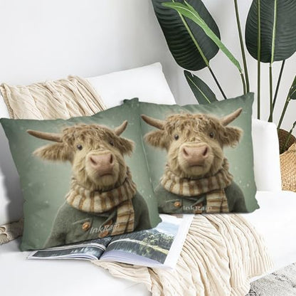 InkRain Winter Animal Cute Highland Cow Pillow Cover 18x18 Inch Set of 2 Home Decor Decorative Cotton Linen Illustration Pillowcases for Living Room House Sofa