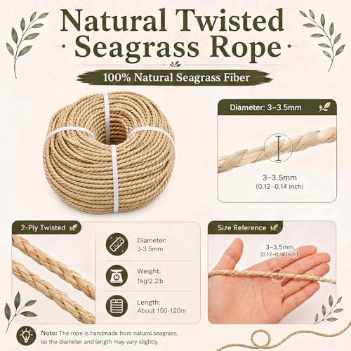GliCraft 3-3.5mm 2.2lbs Twisted Seagrass Rope 328-394 ft DIY Sea Grass Cord