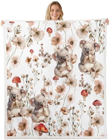 Erosebridal Kawaii Koala Blankets and Throws 40"x50",Mushroom Koala Blanket Throw for Girls Boys,Cute Animal Print Fleece Blanket Farmhouse Floral Plant Fuzzy Blanket for Bed Sofa Decor