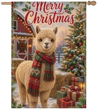 Christmas Llama House Flag 28x40 Inch Merry Holiday Alpaca Scarf Barn Tree Gifts Snowy Rustic Farmhouse Outdoor Yard Lawn Porch Double Sided Banner Winter Welcome Decor