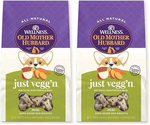 Old Mother Hubbard Wellness Classic Just Vegg'n Dog Biscuits, Natural Training Treats, Sweet Potato, Oats, Apple and Carrot Flavor, Mini Size, 20 oz Bag, (Pack of 2)