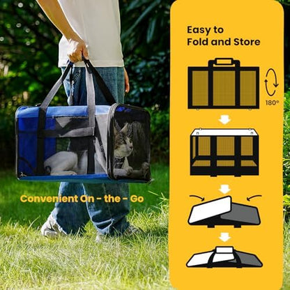 Conlun Cat Carrier Bag,Soft-Sided Pet Carriers for Dogs with 4-Sided Mesh,Airline Approved Cat Transport Carrier for Small&Medium Cats Kitten Puppy Up to 15LB,Collapsible Cat Travel Carrier-M,Blue