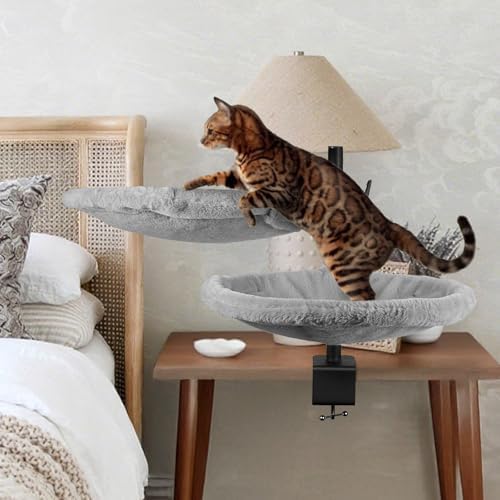 Double Cat Desk Bed - 2 Large Layers Cat beds with 360° Rotating & Adjustable Height, 16.5 inch Kitten Nest for Desktop with 2 Washable Soft Covers, Kitten Hammock Bed Mount for Home Office Grey