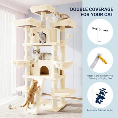 Allewie 82 Inches Large Cat Tree/House/XXL Tall Cat Towers for Big Feline/Scratching Post/Multi-Level Large Kitty Climbing Tree with Condo/Beige