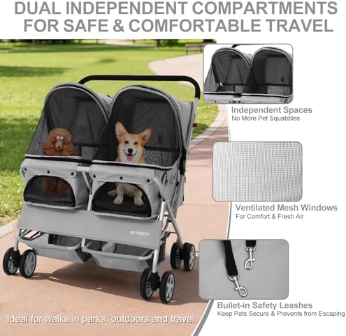 Double Pet Stroller for 2 Small Dogs & Cats, Side-by-Side Twin Travel Carriage with Safety Leashes, Mesh Windows & Double Storage Baskets, Lightweight & Foldable, 44lbs Capacity, Gray