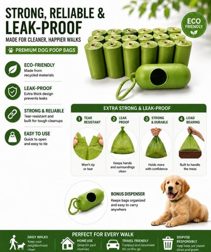 Dog Poop Bags Rolls with 1 Dispenser 270 Count (18 Rolls, 15 Bags per Roll), Leakproof, Unscented, Includes Leash Clip, Thick Strong, 8.5"W x 11.5"L