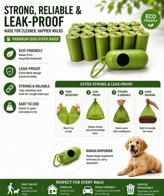 Dog Poop Bags Rolls with 1 Dispenser 270 Count (18 Rolls, 15 Bags per Roll), Leakproof, Unscented, Includes Leash Clip, Thick Strong, 8.5"W x 11.5"L