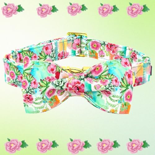 Dog Collar Cute Flowers Print Pet Collar Soft Puppy Collar with Bow Adjustable Metal Buckle Collar Gift for Large Dogs
