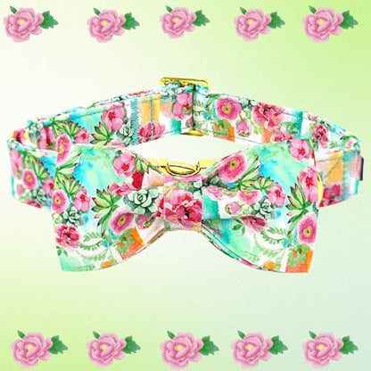 Dog Collar Cute Flowers Print Pet Collar Soft Puppy Collar with Bow Adjustable Metal Buckle Collar Gift for Large Dogs