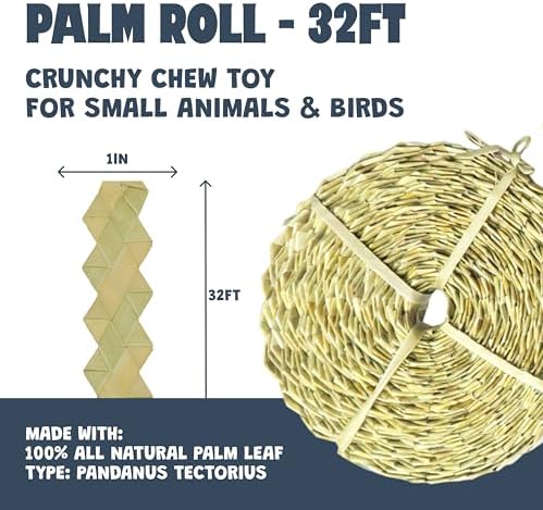 Chews, 100% All Natural Palm for Rabbit Hamster Guinea Pig Chinchilla Pet Rat Mice Gerbil Bird, Healthy Enrichment Boredom Buster Molar Chew Shredder Palm Roll 32ft