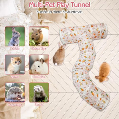 PINVNBY Large Rabbit Tunnel，Collapsible Rabbit Tunnels for Indoor Bunnies Bunny Hideout with 5 Types of Chewing Toys for Ferret Kitten Small Animals (T Shape)