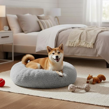 Soft Round Dog & Cat Bed, Anti-Anxiety Donut Cuddler with Anti-Slip Bottom Cozy Fluffy Pet Bed for Medium Large Dogs and Cats, 37inch, Grey