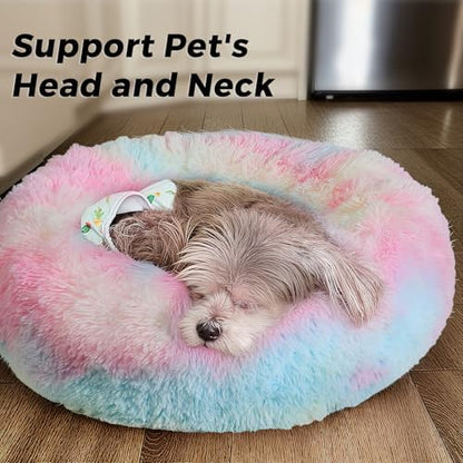 Calming Round Dog Bed & Cat Bed with Anti-Slip Bottom, Medium Size Washable Anti-Anxiety Donut Dog Beds for Small Dogs & Cats, Fluffy Plush Soft Dog Bed(24 Inch, Rainbow)