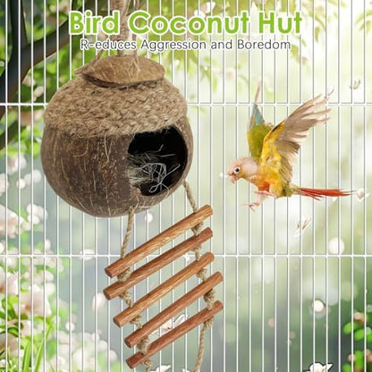 Tfwadmx Coconut Bird Nest Hut with Ladder Natural Coconut Fiber Shell Hanging Coco Birds House Parrot Cage Decor for Parrot Parakeet Lovebird Finch Canary