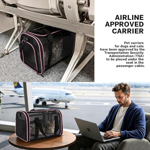 Cat Carrier Soft-Sided Dog Pet Carrier Pets Travel Carriers for Big Cats Small Dogs Mesh Puppy Carry Bag,TSA Airline Up to 16 Lbs (Pink, 17 * 11 * 11)