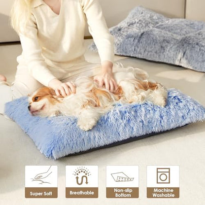 EHEYCIGA Fluffy Dog Crate Bed for Large Dogs, Plush Faux Fur Pad, Blue
