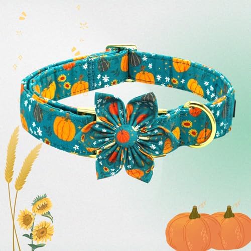 Dog Collar Autumn Green Pumpkin Print Pet Collar Fall Soft Cute Dog Collars with Flower Adjustable Metal Buckle Collar for Medium Dogs