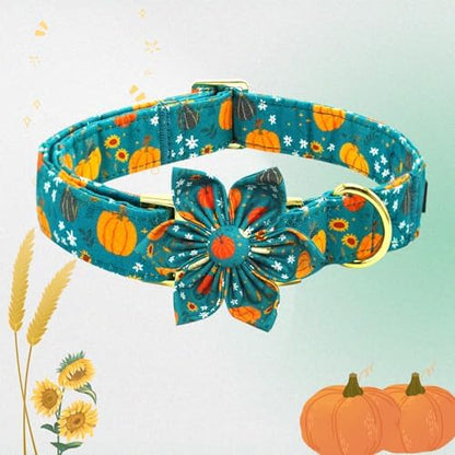 Dog Collar Autumn Green Pumpkin Print Pet Collar Fall Soft Cute Dog Collars with Flower Adjustable Metal Buckle Collar for Medium Dogs