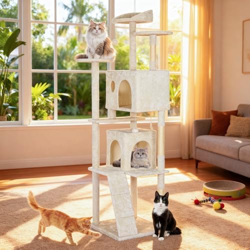 BestOffice 81 Inch Cat Tree, Multi-Level Cat Tower with Condo, Perches, Sisal Scratching Posts, Climbing Ladder,Indoor Activity Center Play House for Kittens & Adult Cats, Beige
