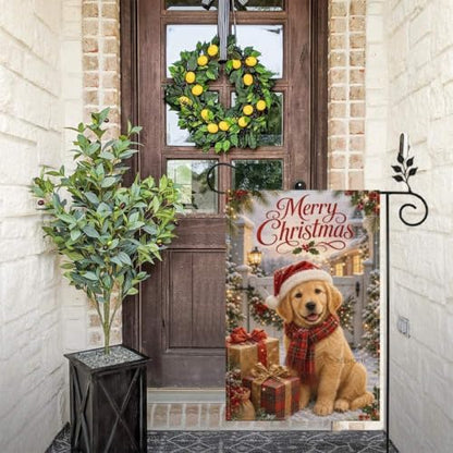 Merry Christmas Garden Flag 12x18 Inch Golden Retriever Santa Hat Plaid Scarf Gift Boxes Snowy Farmhouse Outdoor Yard Lawn Front Porch Welcome Double Sided Banner Decor