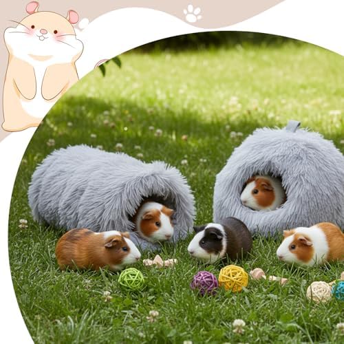 2 Pack Guinea Pig Hideout Bed with Tunnel, Large Soft Plush Cozy House, Washable Hideaway for Guinea Pigs and Small Animals(Style 1)
