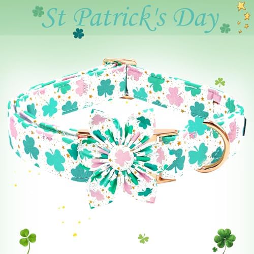St Patrick's Day Dog Collar with Flower-Cute Trefoil Adjustable Pet Collar Cotton Clovers Puppy Collars Holiday Metal Buckle Collar for Large Dogs