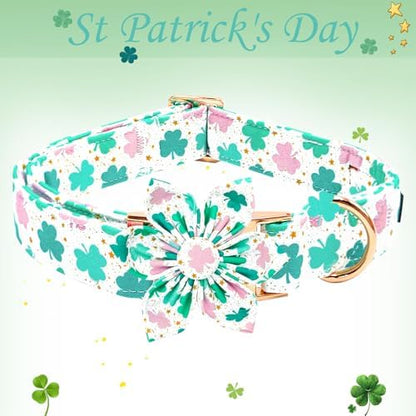 St Patrick's Day Dog Collar with Flower-Cute Trefoil Adjustable Pet Collar Cotton Clovers Puppy Collars Holiday Metal Buckle Collar for Large Dogs