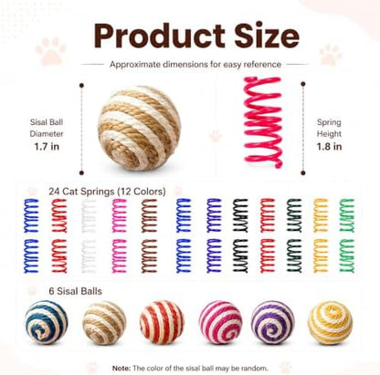 Cat Toys for Indoor Cats, 6 Sisal Balls & 24 Colorful Springs
