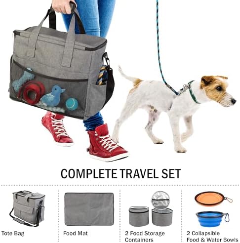 Dog Travel Bag - Cat and Dog Storage Organizer with Pockets, Mat, 2 Food Containers, and 2 Large Collapsible Travel Pet Bowls by PETMAKER (Gray)