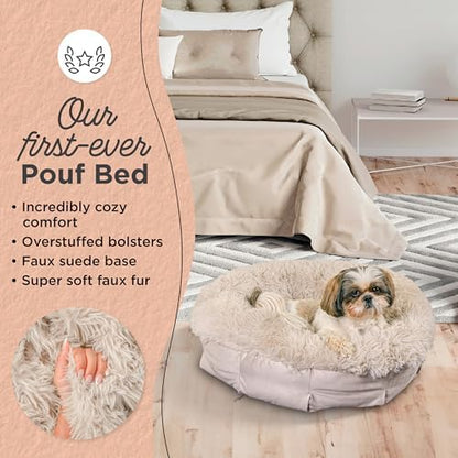 Best Friends by Sheri Ultra Calming Pouf Bed, Orthopedic Round Dog Bed for Joint Support, Faux Fur, Washable Cover, Tan, Small, 23"x23"