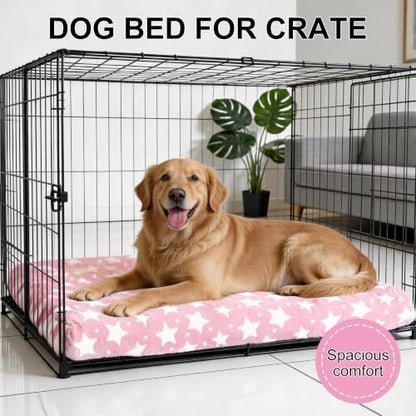 Orthopedic Dog Bed for Large Dogs, Washable Dog Mat with Removable Zippered Cover, Non-Slip Bottom, Comfort Crate Bed (Big&Little Stars Pink, L(35"*23"*3.1"))