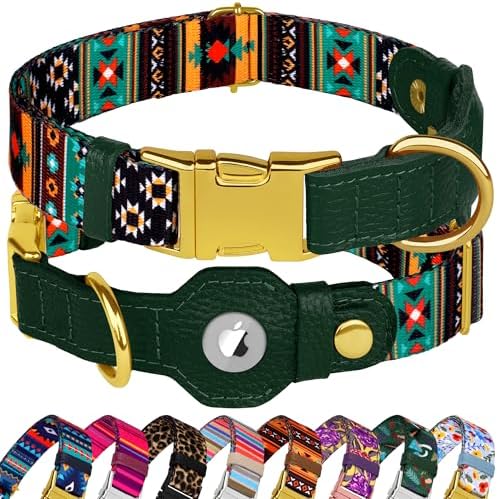 AirTag Dog Collar for Small Medium Large Breed - Adjustable Cute Pattern Dog Collar with Airtag Holder - Soft Leather Tracker GPS Apple Air Tag Pet Collars (X-Small, 9"-12" Neck Fit, Tribal)