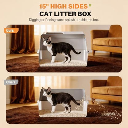 Extra Large Enclosed Stainless Steel Litter Box with Lid，Side Entry Top Exit High Sided Metal Cat Litter Pan，Non-Stick Easy Cleaning Anti-Urine Leakage for Big Cats，Includes Scoop & Step, Grey