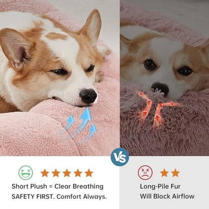 OhGeni 31 inches Calming Donut Orthopedic Dog & Cat Bed for Medium Pets, Warming Comfort Fluffy Short Pile Fur, Durable Waterproof Machine Washable Removable Cover, Cute Round Bed for Puppy, Pink