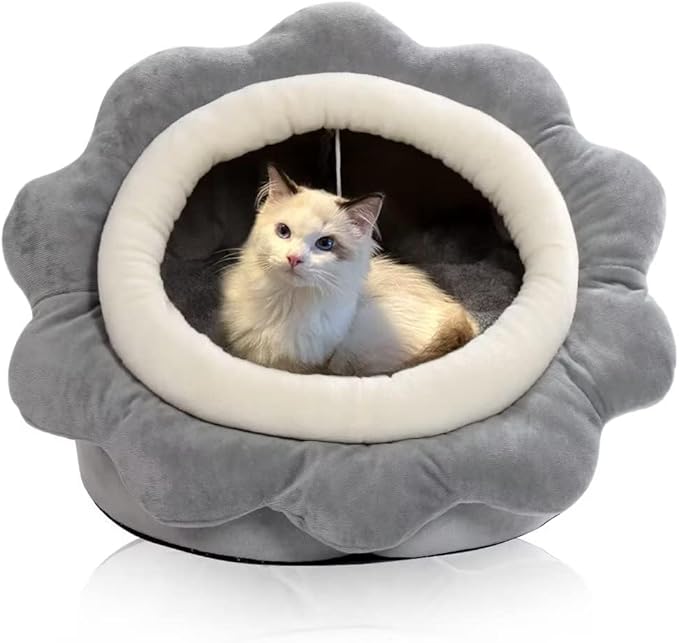 Cat Beds for Indoor Cats - Small Cat Bed with Anti-Slip Bottom, Sunflower-Shaped Cat/Dog Cave with Hanging Toy, Puppy Bed with Removable Cotton Pad, Super Soft Calming, Multiple Sizes(Grey L)