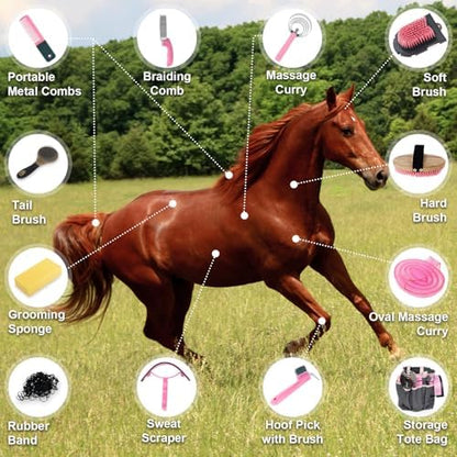 Horse Grooming Kit 13 Pack, Horse Brushes for Grooming Supplies Set with Tote Bag, Horse Tack Supplies with Gloves & Brush for Equine Care and Bathing (Pink)
