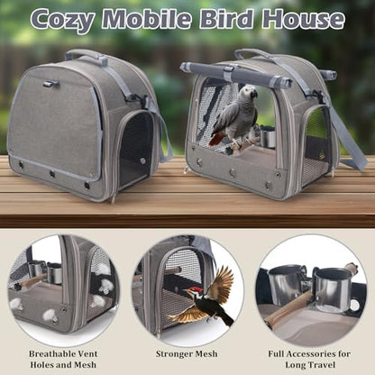 Bird Carrier Parrot Travel Cage with Perch, Food Bowl, Tray and Breathable Clear Window, Bird Travel Bag for African Gray Cockatiel Caique Conure Quaker, for Vetting Camping Hiking (Gray)