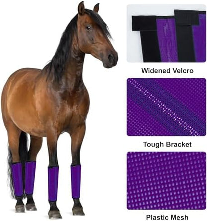 FOXLVDA Horse Fly Boots - Fly Boots for Horses Set of 4, Comfortable Breathable Mesh Equine Leg Leggings, Adjustable & UV Protective with Support Bars for Reduce Stomping & Leg Fatigue (Purple, Large)