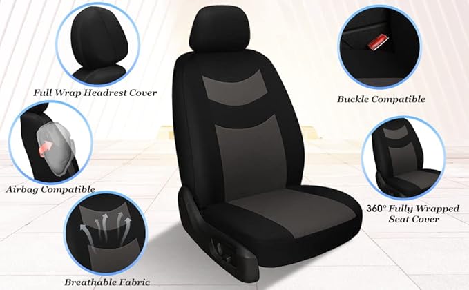 Universal Car Seat Covers for Front Seats, Cloth Front Car Seat Cover, Easy to Install, Breathable and Washable Universal Interior Covers for Auto, SUV, Sedan, Van, Airbag Compatible, Black & Charcoal