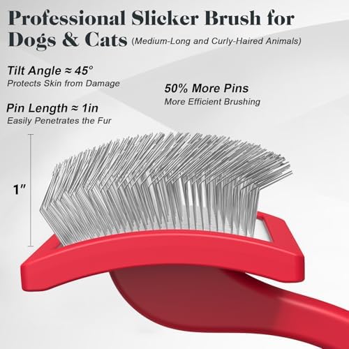 2PCS Slicker Brush for Dogs & Pet Comb,Professional Dog Grooming Brush (Goldendoodles,Poodles,Labradoodles) with Extra Long Pins to Effectively Remove Tangles, Knots and Mats (Red, Large)