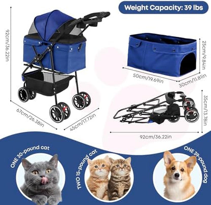 Pet Stroller,Dog Stroller for Small Medium Dogs Cats,3 Wheels,Navy Blue