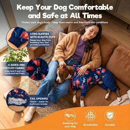 LovinPet Big Dogs Jammies, Dog Bodysuit, Floral Navy & Red Print, 2XL