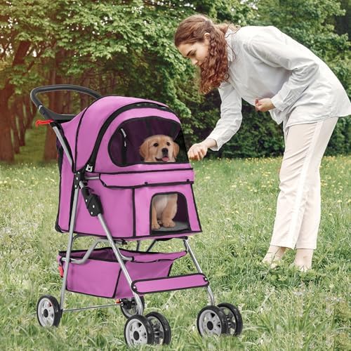 FDW | 4-Wheel Foldable Pet Stroller | Pink | Lightweight & Portable