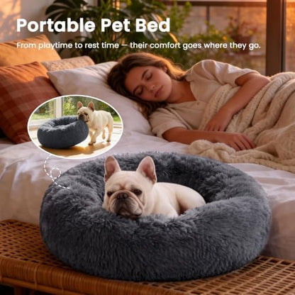 Love's cabin Calming Cat Bed for Indoor Cats, Anti-Anxiety Donut Round Dog Bed,Fluffy Faux Fur Washable Pet Bed for Small Medium Dogs and Cats, Bluish Grey, 24in