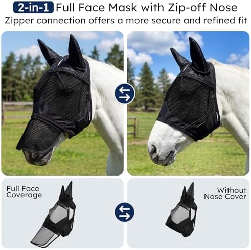 Horse Fly Mask with Ears & Detachab Nose Cover, Medium