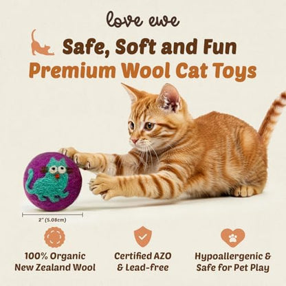 Love Ewe Wool Cat Toys Ball 3 Pack, 2-inch Cat and Mouse