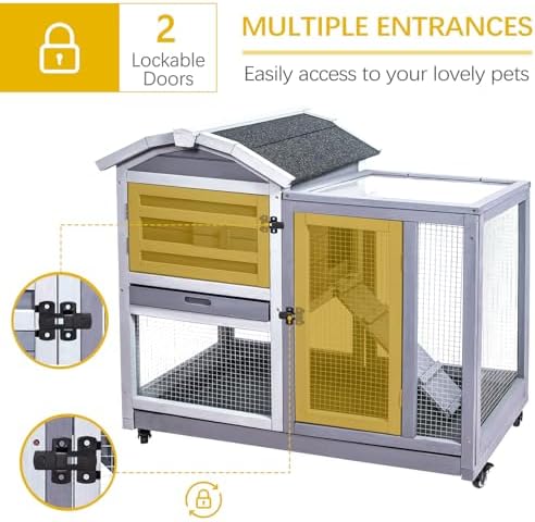 GEGURI Wooden Rabbit Hutch, Indoor Outdoor Chicken Coop Bunny Cage with Waterproof Roof